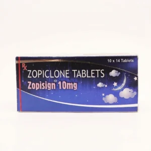 Zopisign 10 mg Zopiclone tablets box isolated on clean white background